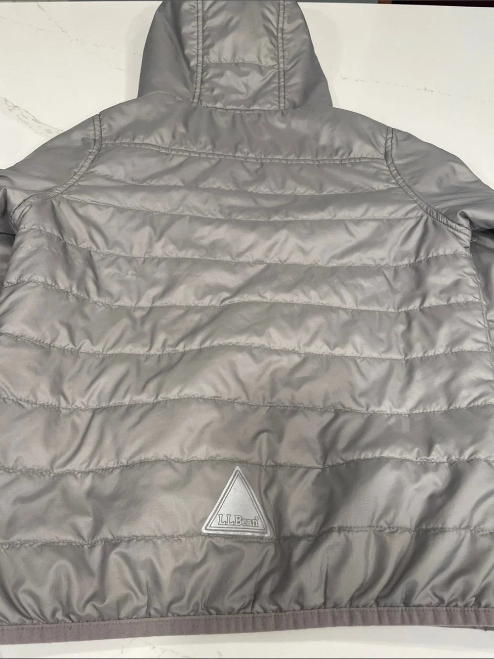 L.L. Bean Kids' Hooded Puffer Jacket in Light Gray with Lavender Trim
